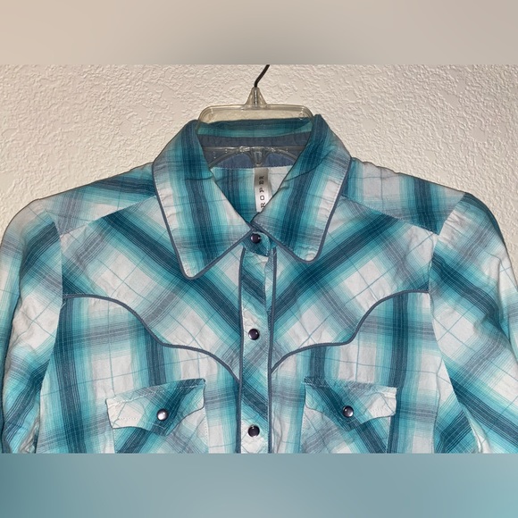 Roper Turquoise Striped Button Down, Yoked Pearl Snap Ladies Shirt,Size Medium - Picture 2 of 12